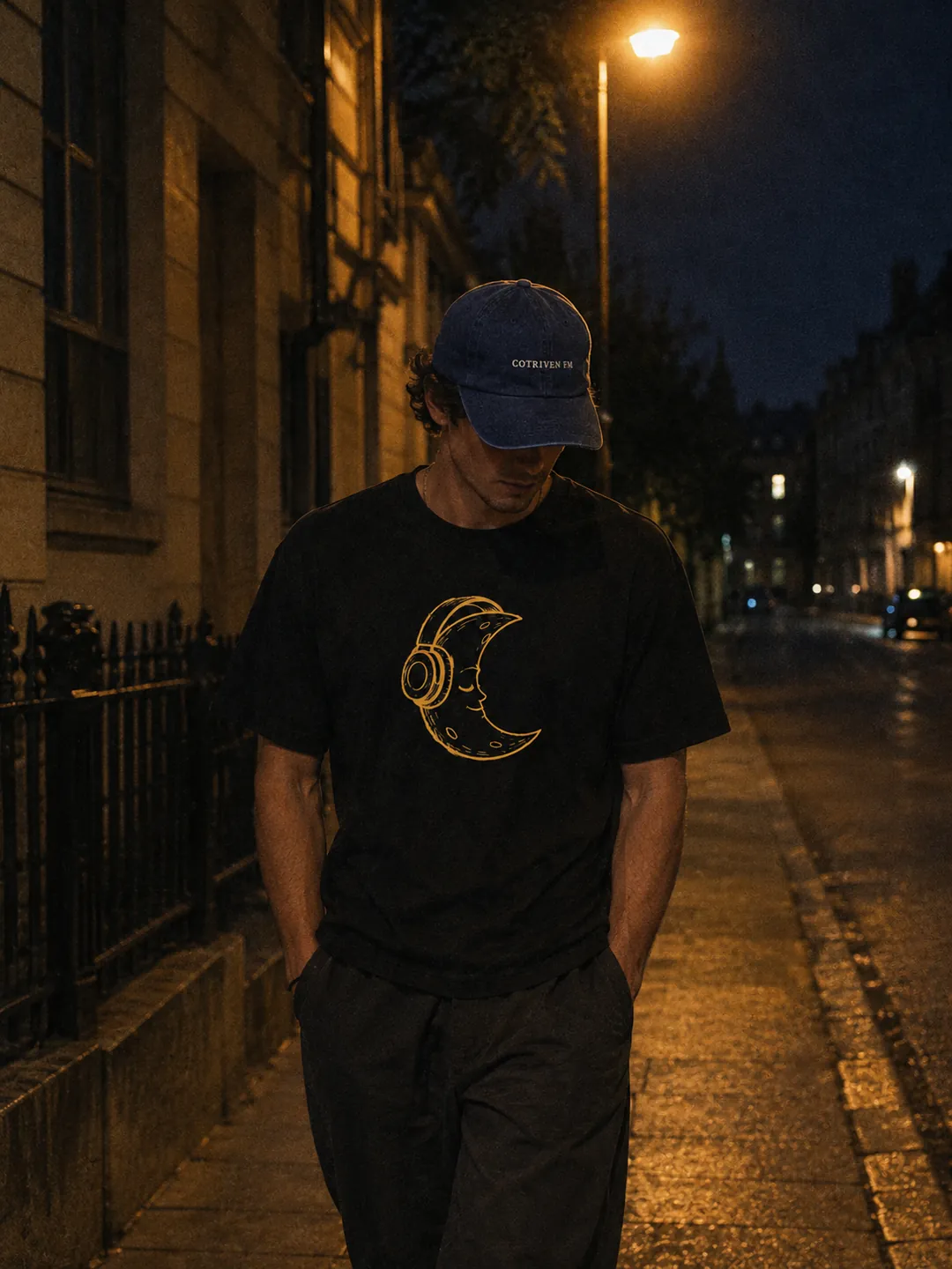 Walking home at night in the Headphone Moon Tee and COTRIVEN FM Dad Cap