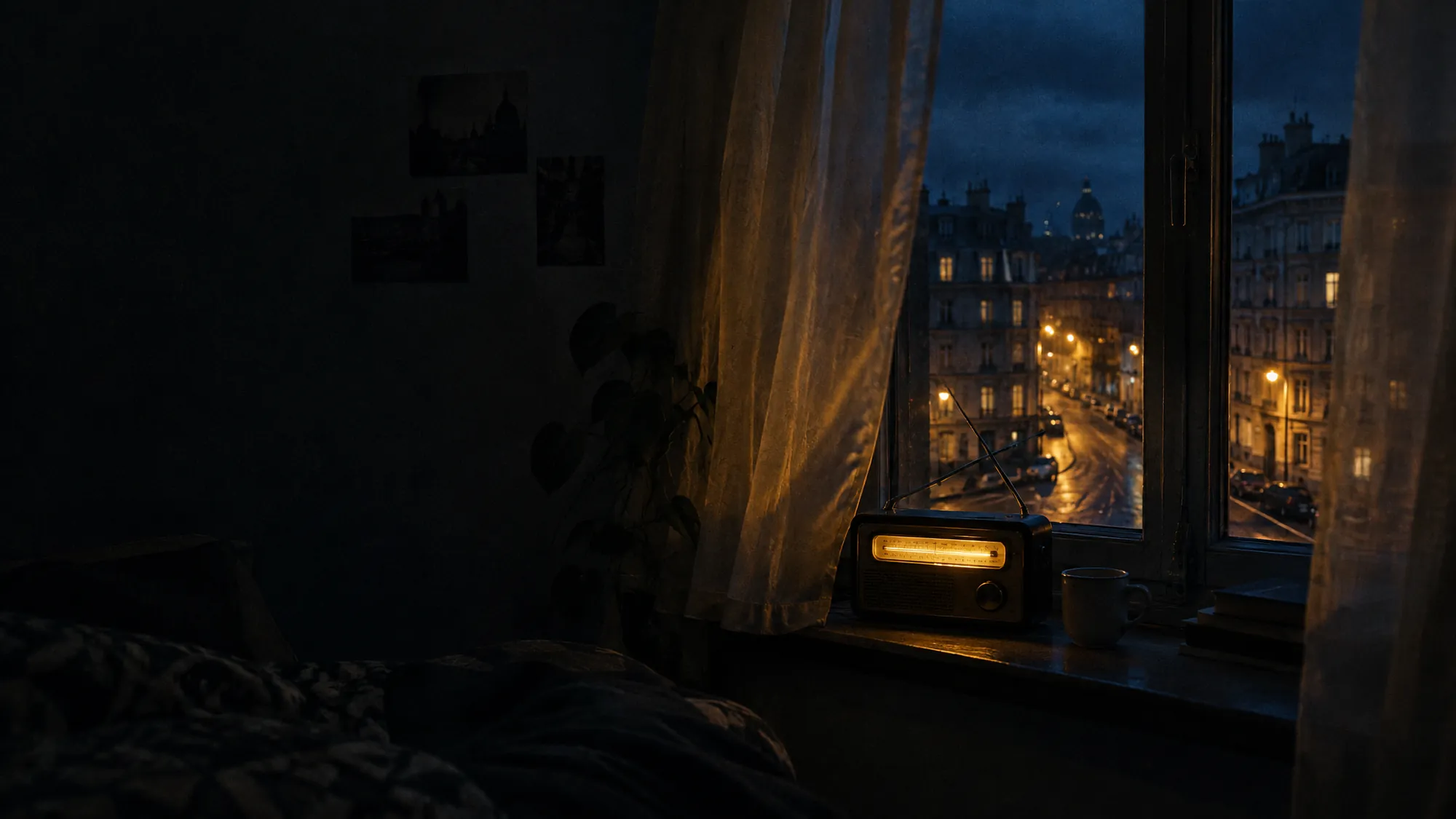 A portable radio glowing on a windowsill at night
