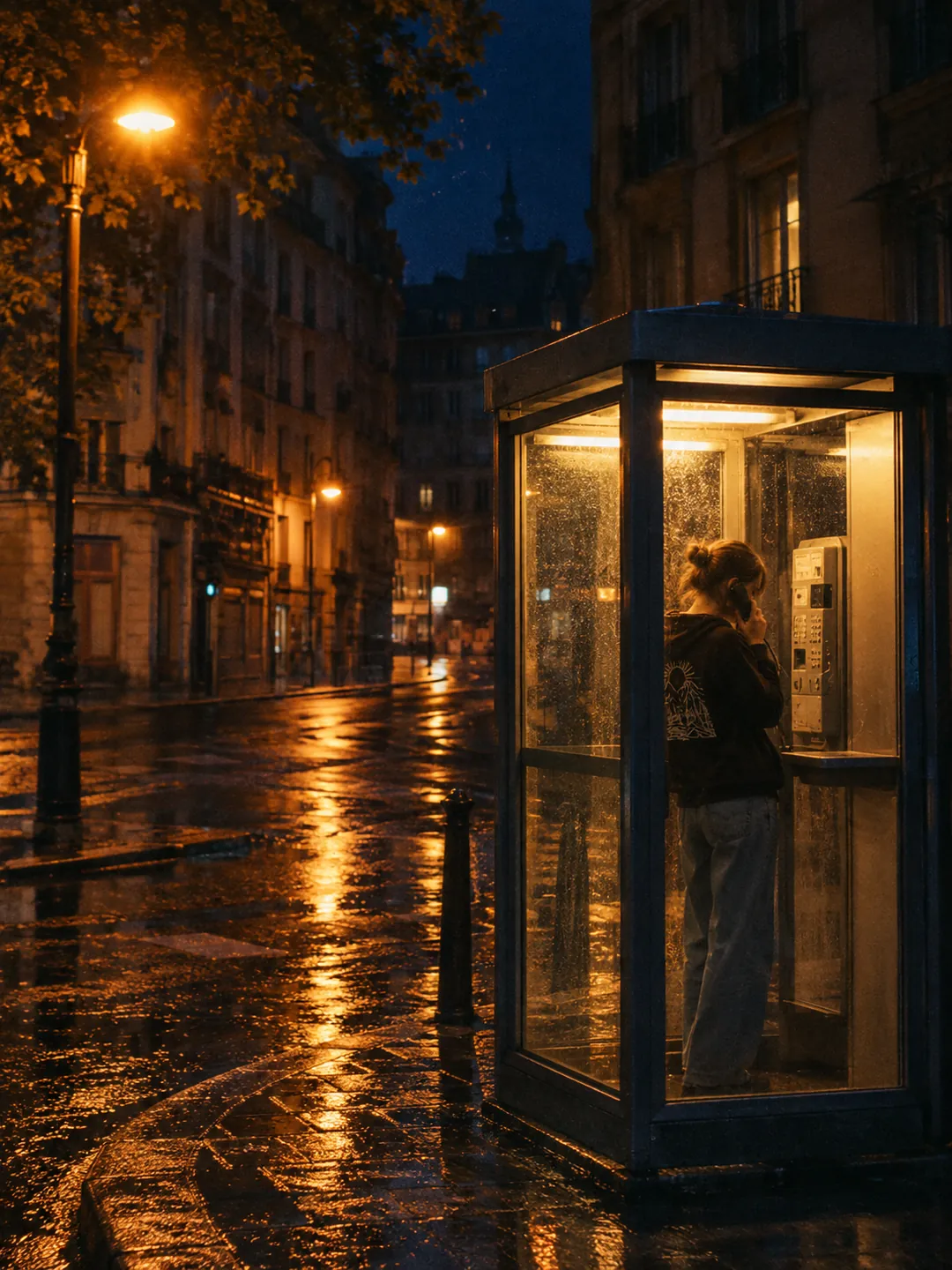 A lit telephone booth on a quiet street at night