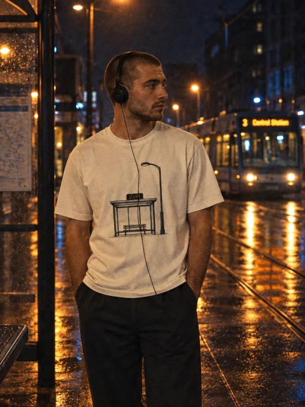 01:47 Bus Stop Tee in Bone — worn at night