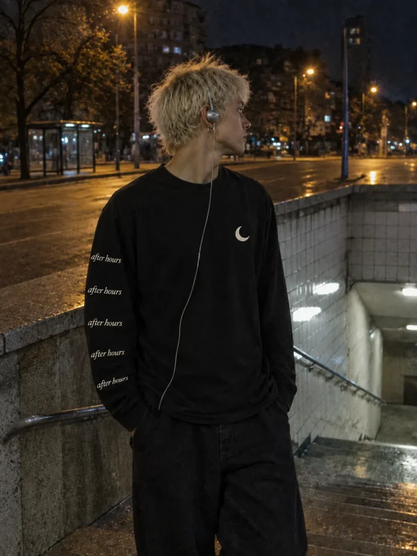 After Hours Sleeve Long Sleeve in Black — worn at night