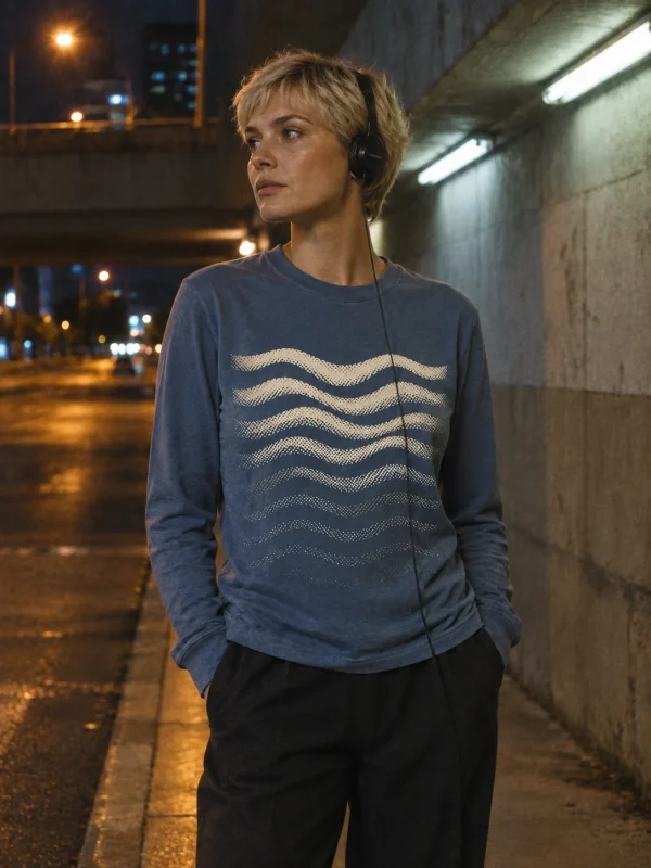 Blue Hour Waves Long Sleeve in Slate Blue — worn at night