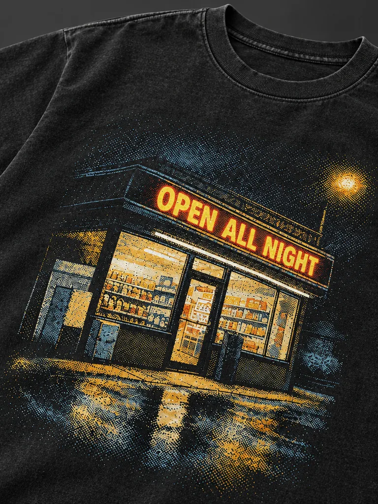Corner Shop Glow Tee — graphic detail