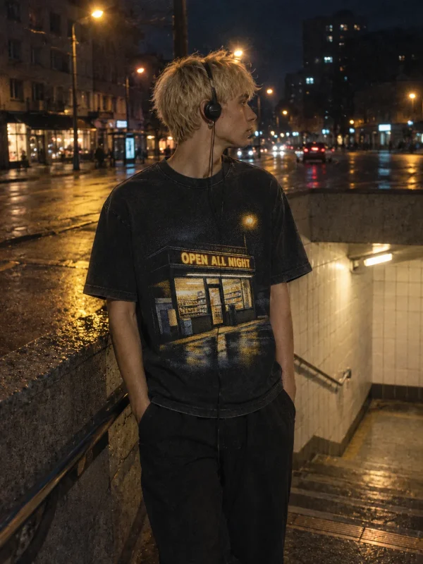 Corner Shop Glow Tee in Washed Black — worn at night
