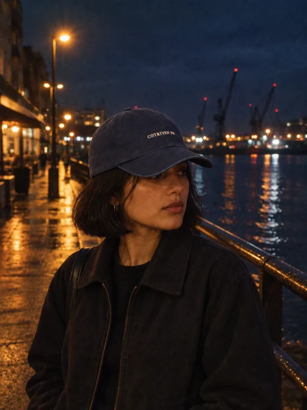 COTRIVEN FM Dad Cap in Washed Navy — worn at night