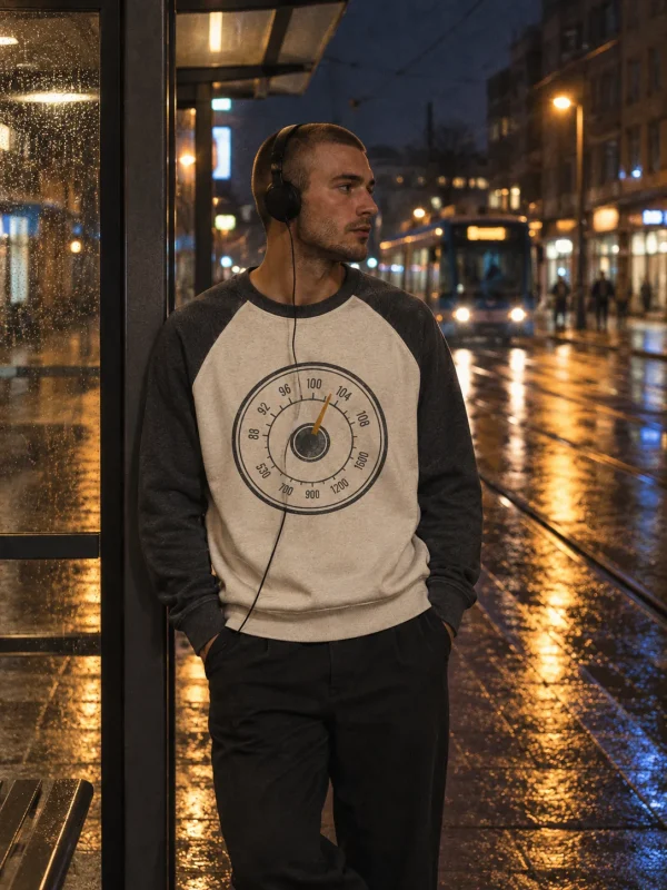 Dial Face Raglan in Bone / Charcoal — worn at night