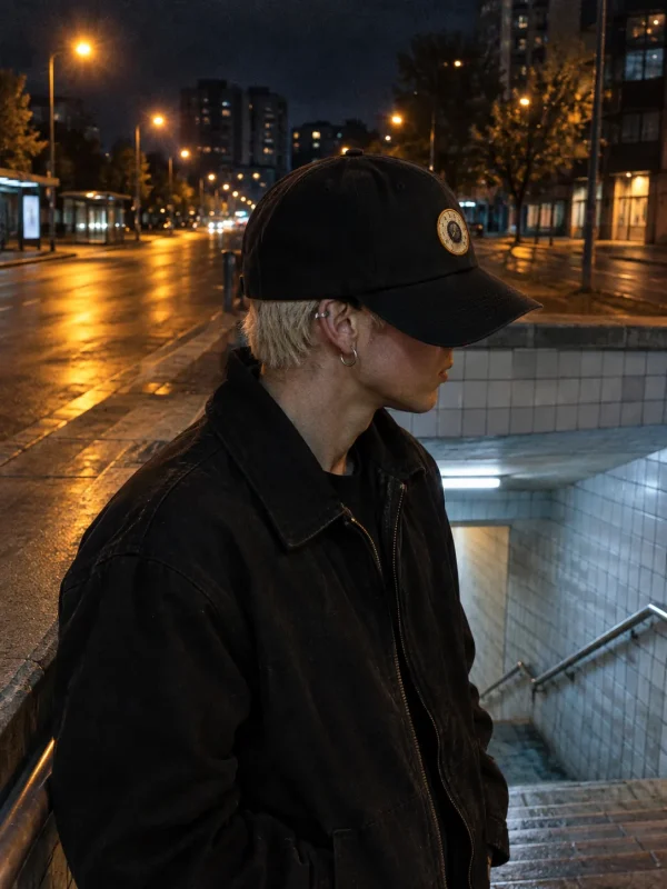 Dial Six-Panel Cap in Black — worn at night