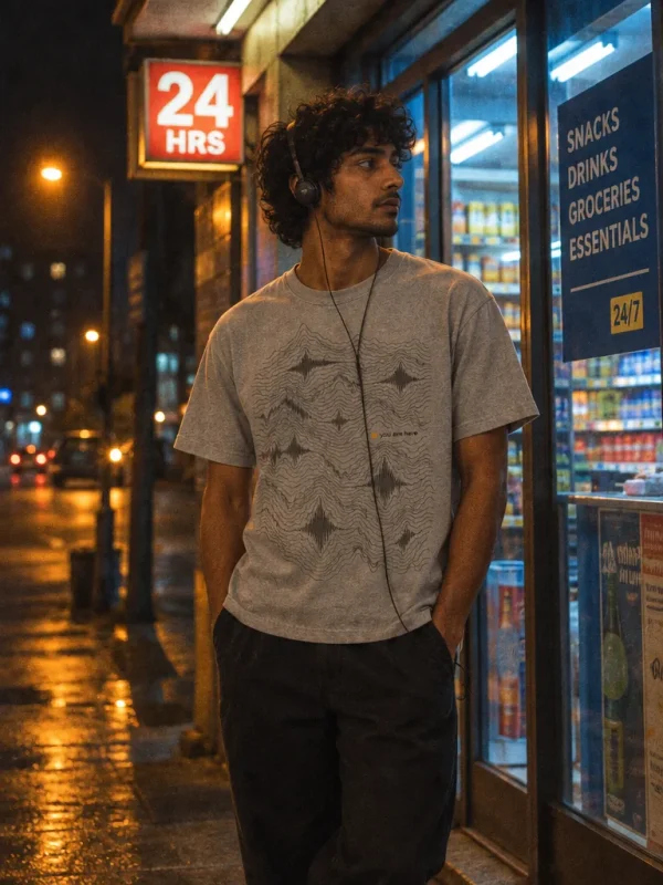 Frequency Map Tee in Stone Grey — worn at night