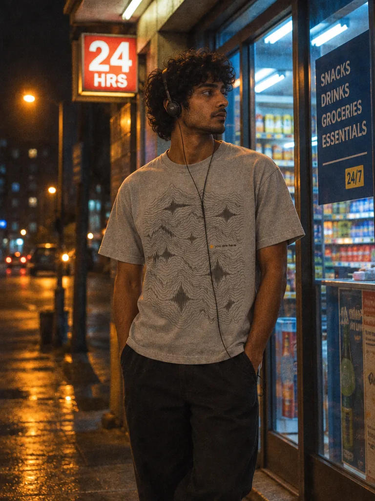 Frequency Map Tee worn at night