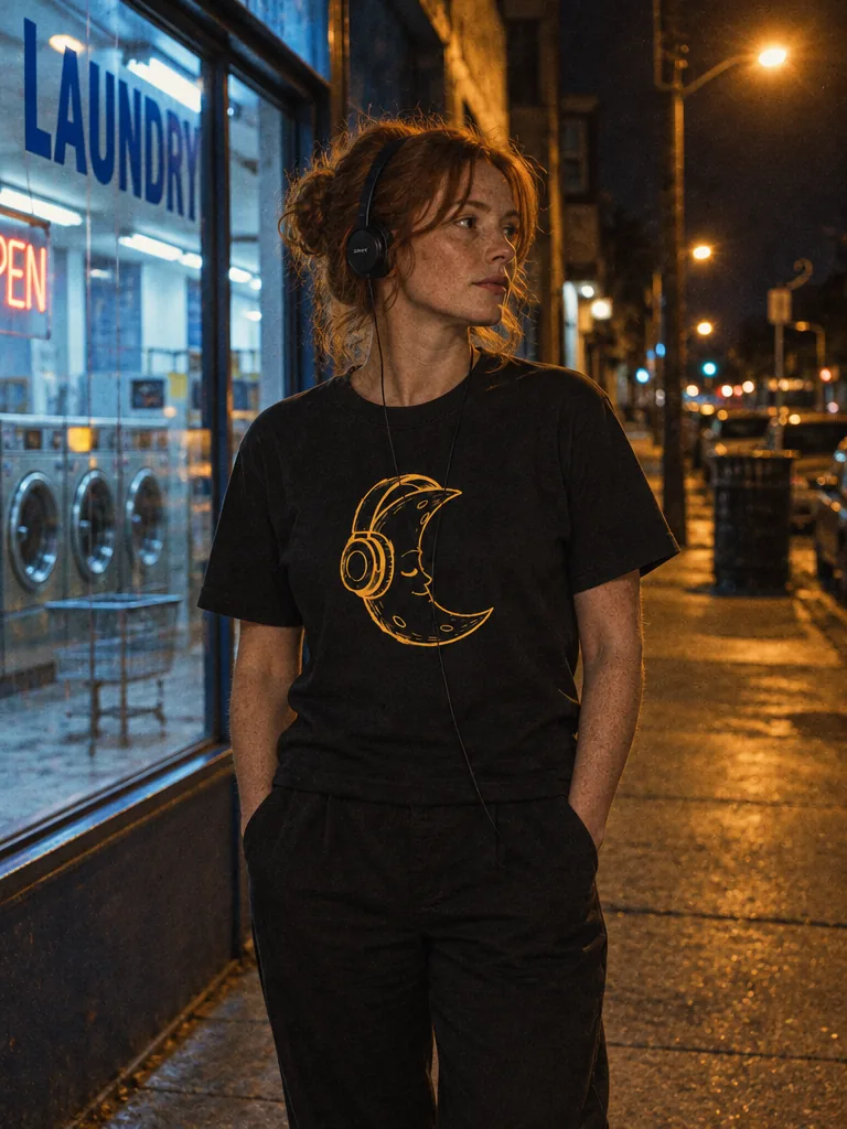 Headphone Moon Tee worn at night
