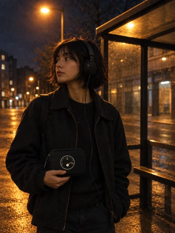 Headphone Pouch in Black — worn at night