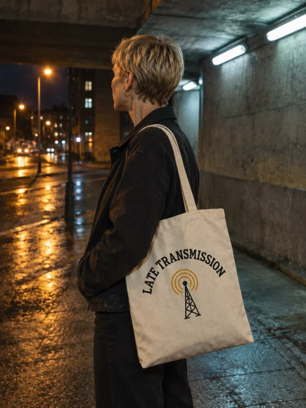 Late Transmission Tote in Natural — worn at night
