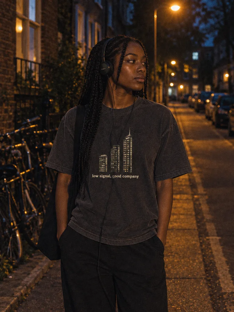 Low Signal Tee worn at night