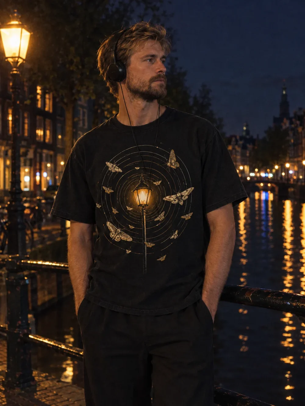 Moth & Lamp Tee worn at night