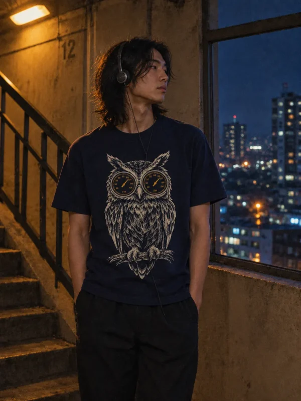 Night Owl Receiver Tee in Midnight Navy — worn at night