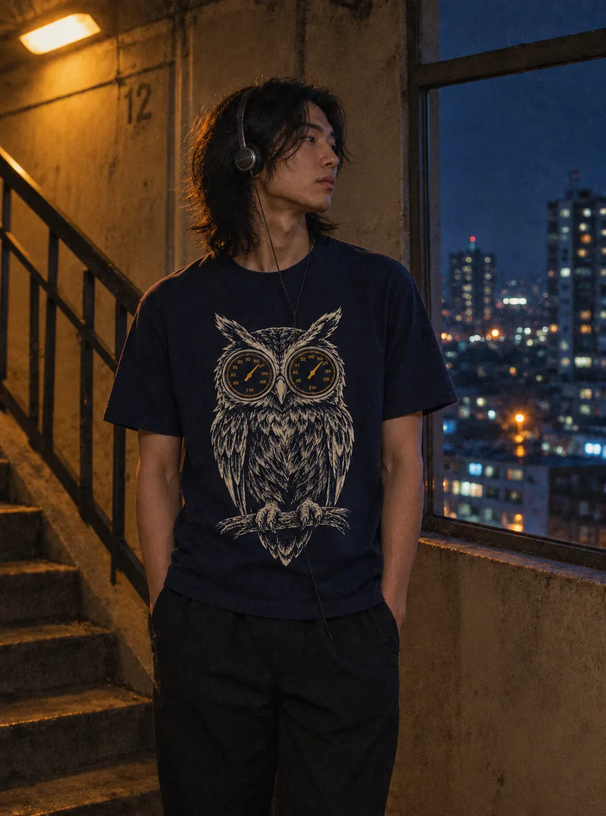 Night Owl Receiver Tee worn at night