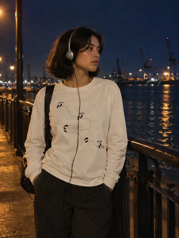 Night Walk Diagram Long Sleeve in Bone — worn at night