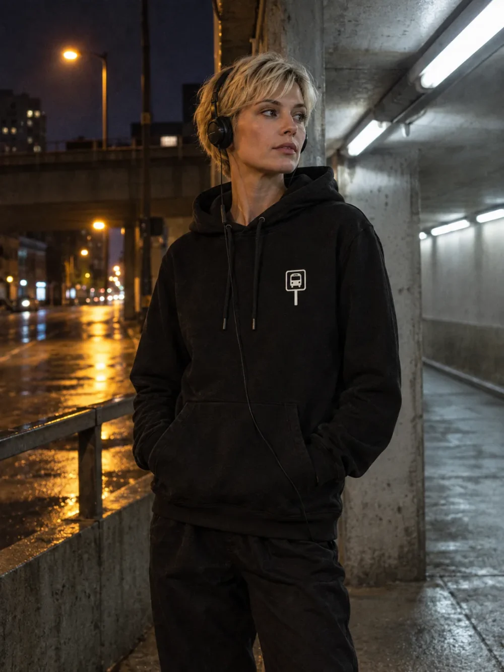 Nightbus Light Hoodie worn at night
