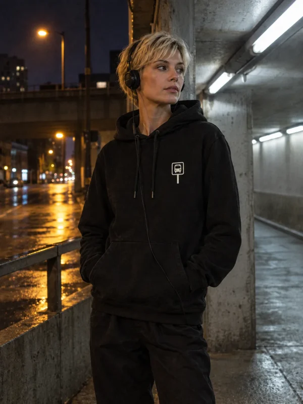 Nightbus Light Hoodie in Black — worn at night