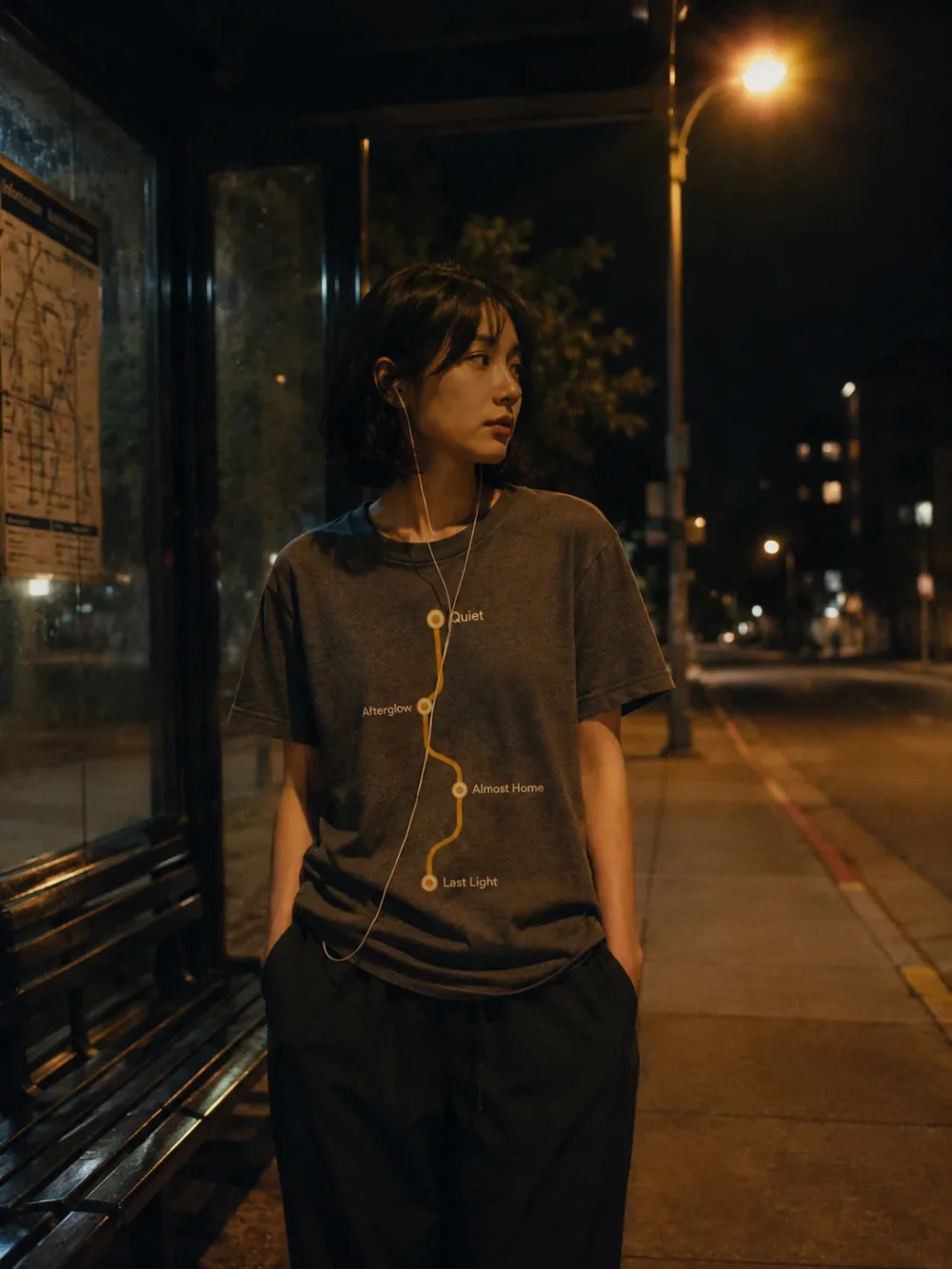 Nightbus Route Tee worn at night