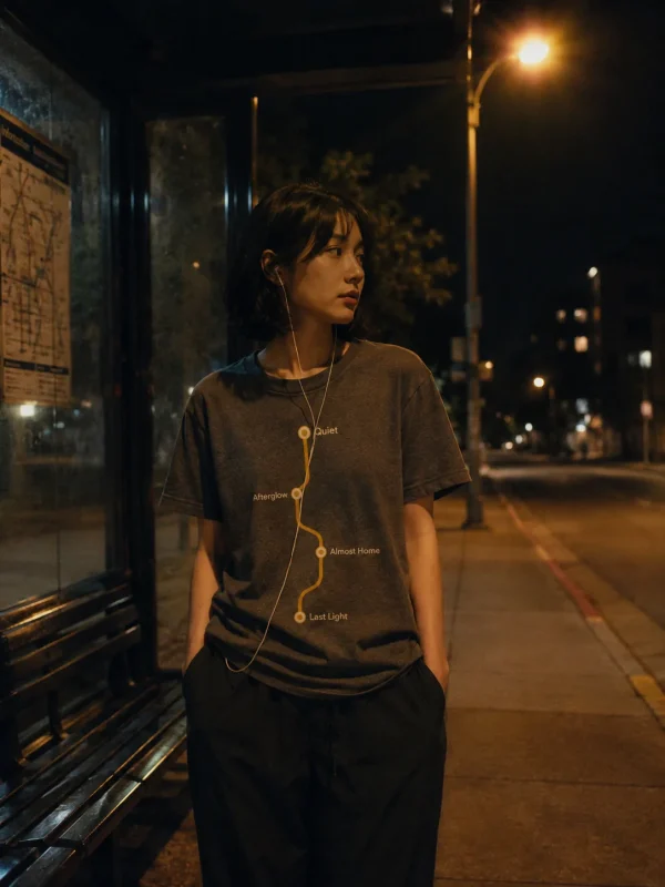 Nightbus Route Tee in Charcoal — worn at night