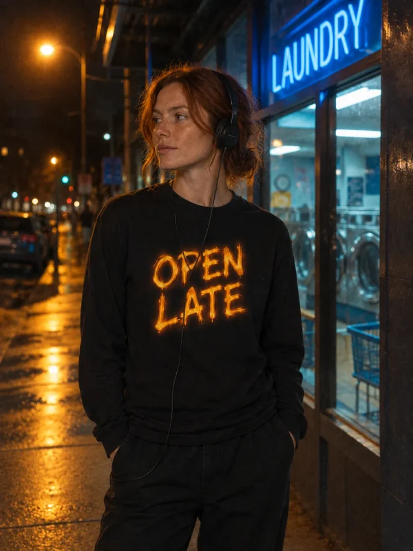 Open Late Long Sleeve in Black — worn at night
