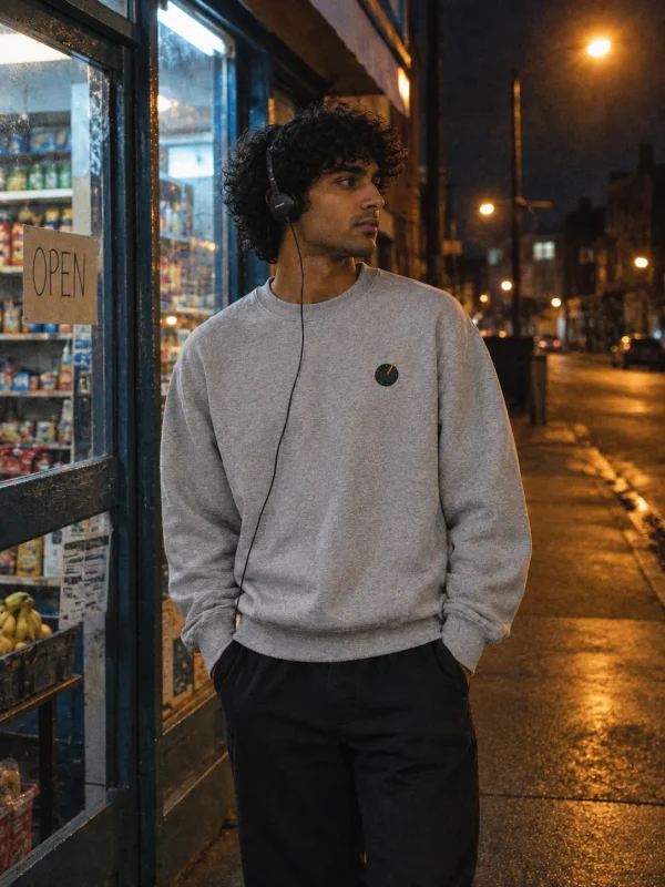 Pocket Dial Light Crew in Heather Grey — worn at night