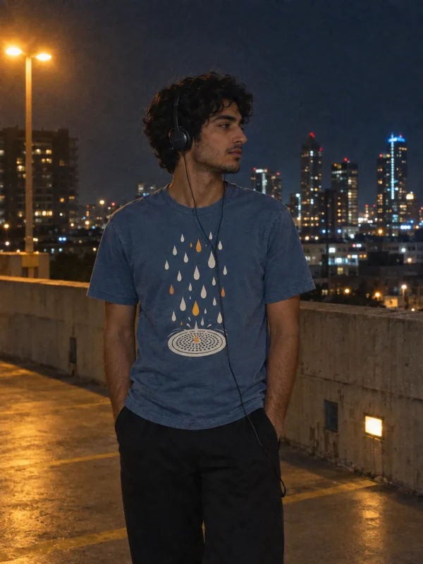Rain on Receiver Tee in Slate Blue — worn at night