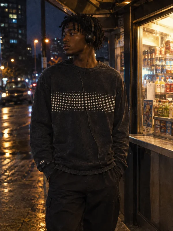 Receiver Grid Long Sleeve in Washed Black — worn at night