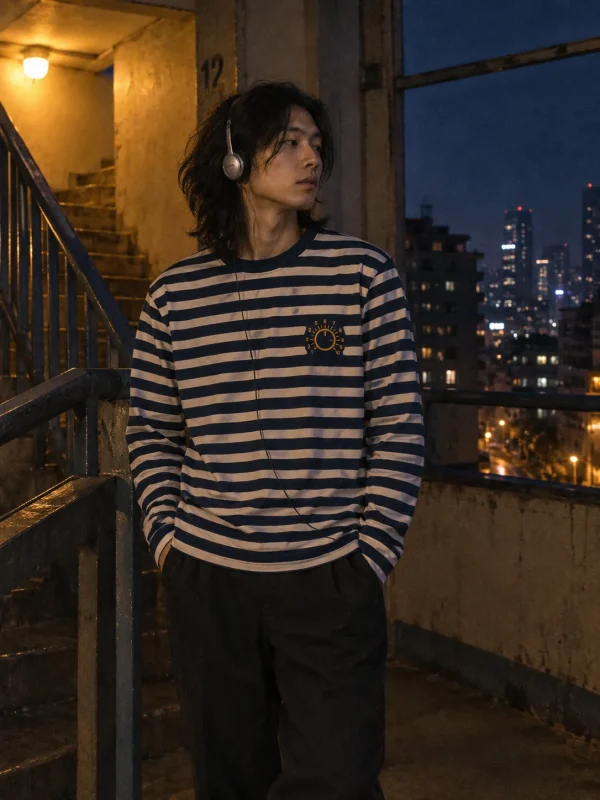 Signal Stripe Long Sleeve in Midnight / Bone Stripe — worn at night