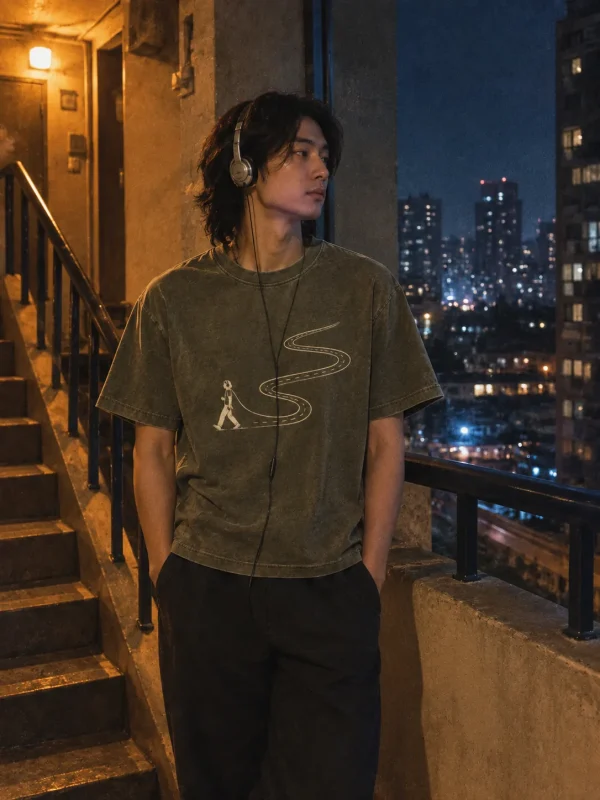 Sleepwalker Club Tee in Faded Olive — worn at night