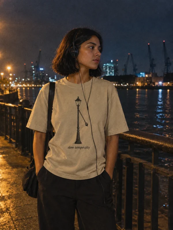 Slow Tempo Tee in Sand — worn at night