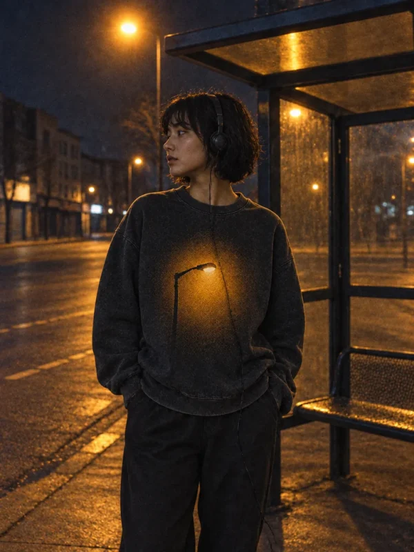 Sodium Glow Crew in Washed Black — worn at night