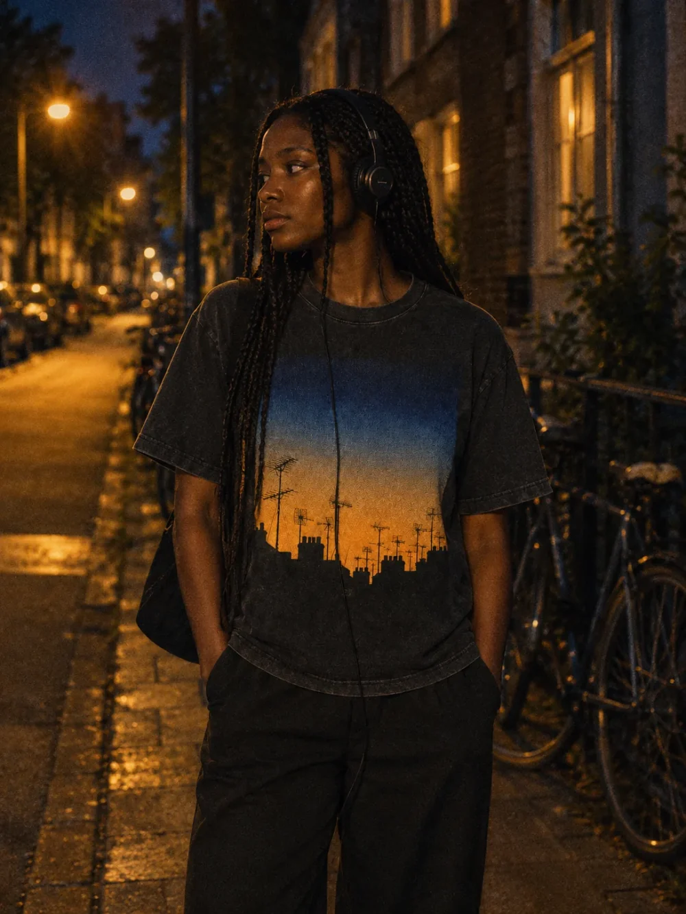 Sodium Sky Tee worn at night
