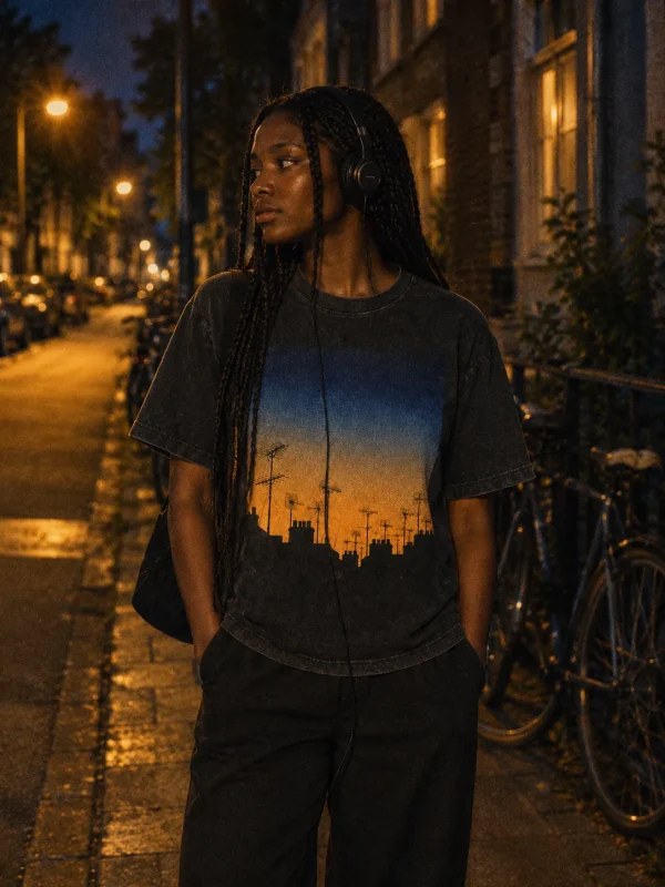 Sodium Sky Tee in Washed Black — worn at night