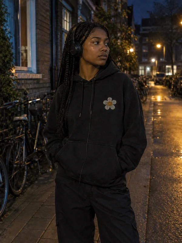 Static Bloom Light Hoodie in Black — worn at night