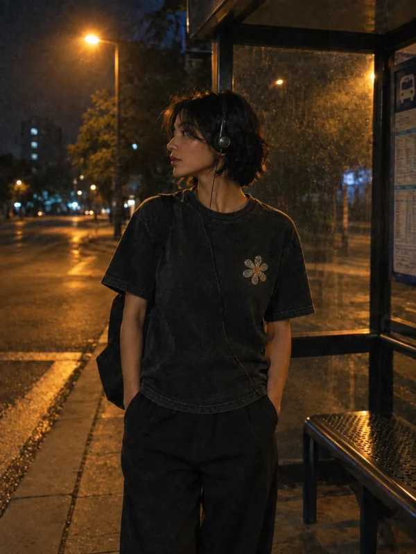 Static Bloom Tee in Washed Black — worn at night