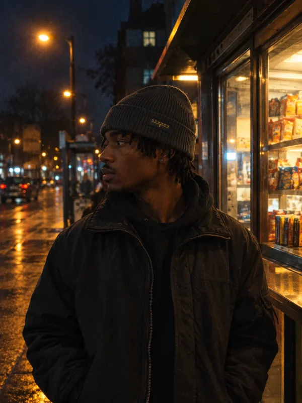 Station Beanie in Charcoal — worn at night