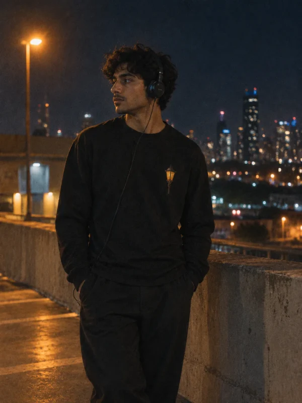 Streetlamp Ladder Long Sleeve in Black — worn at night