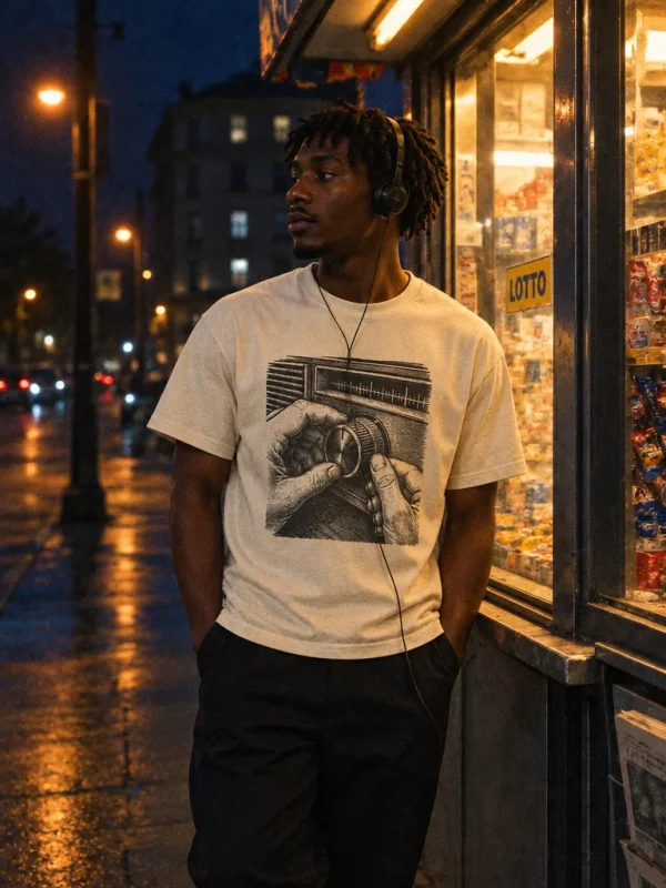 Tuning Hands Tee in Bone — worn at night